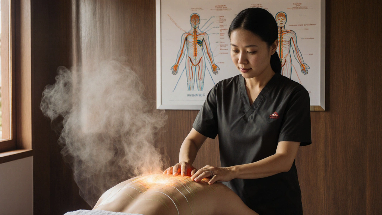 A modern Lao therapist using a warm herbal compress while referencing anatomical charts, blending traditional energy line work with Western physiology.