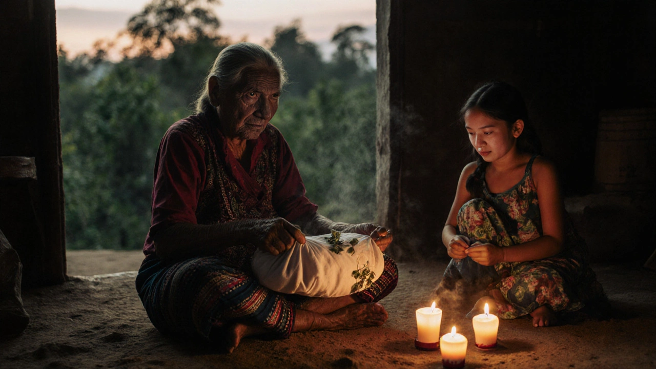 An elder woman in a rural Laotian village hand-making herbal compresses by candlelight as her granddaughter observes, surrounded by natural herbs and quiet dusk light.