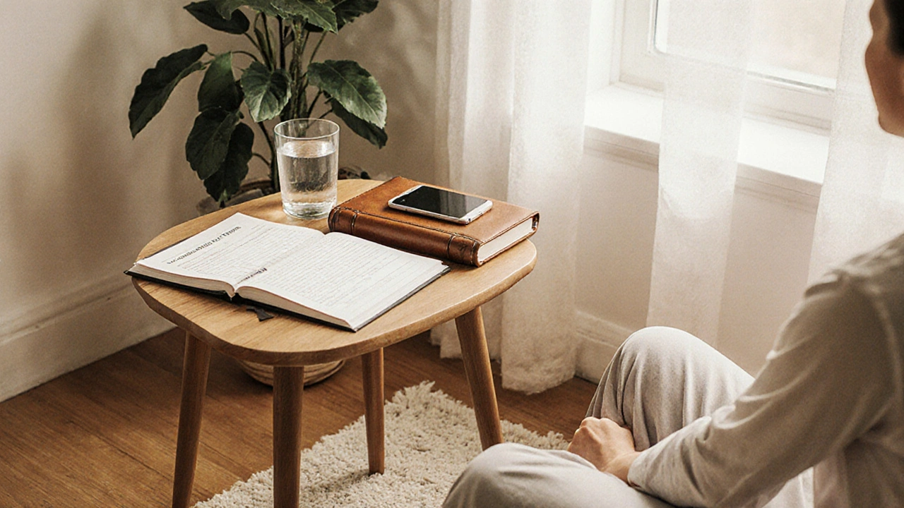 Calm after‑care scene with water bottle, journal, stretching pose, consent form, and phone on a table.