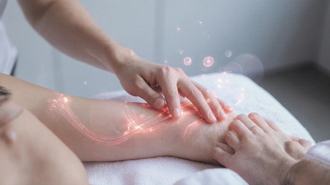 Close-up of therapist’s hand performing Swedish massage, illustrating blood flow and endorphin release.