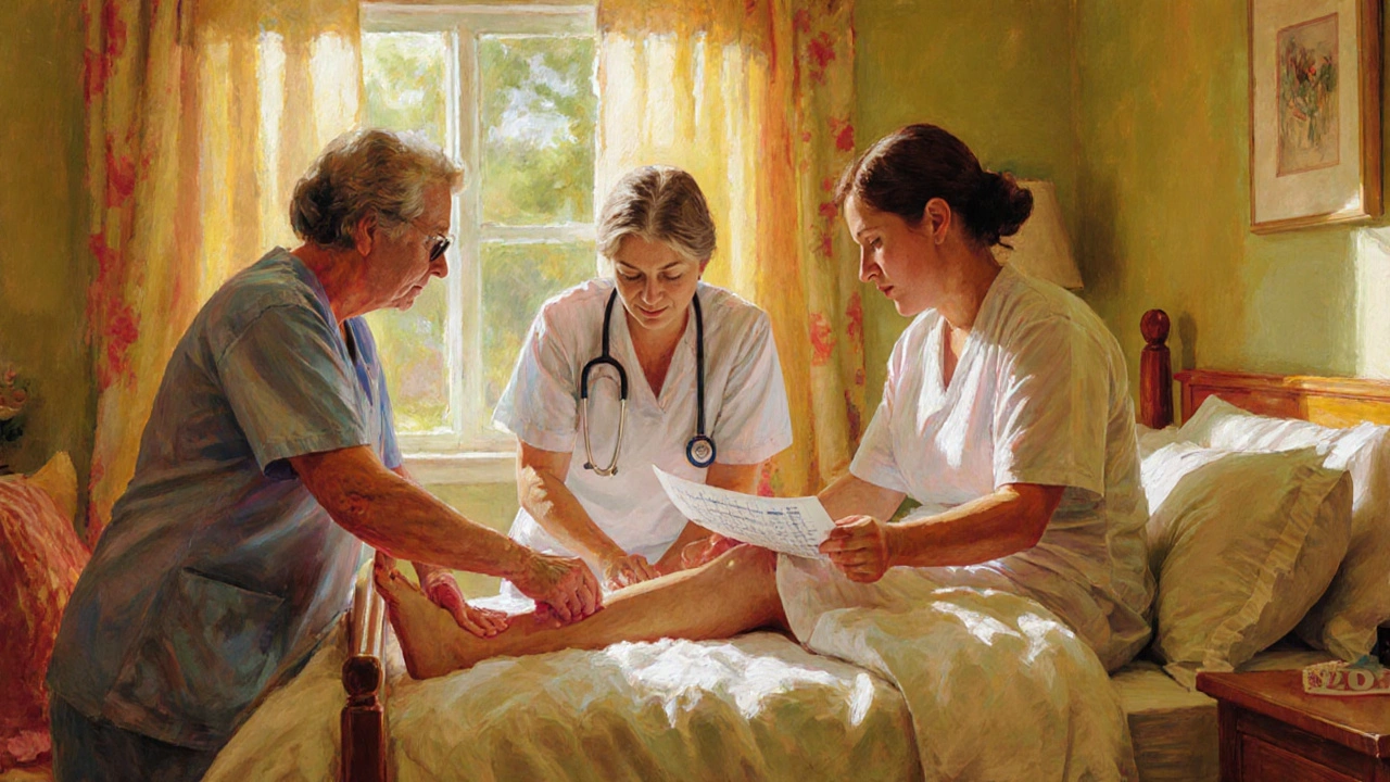 Hospice team and caregiver collaborating as a therapist provides gentle massage to a patient.