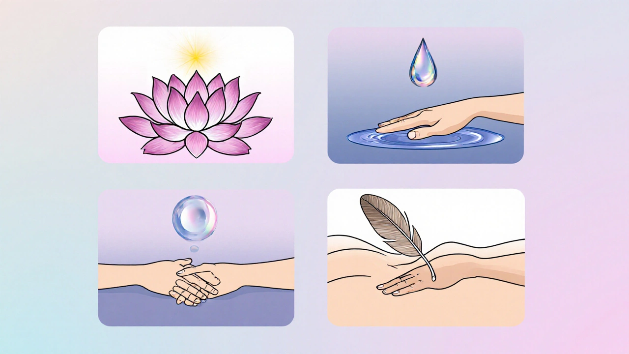 Illustrated collage showing a lotus, water droplet, paired hands, and feather representing massage styles.