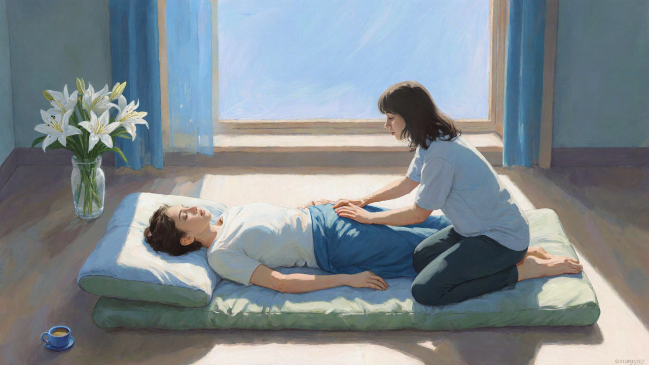 Partner gives a soothing massage on a futon, symbolizing post‑conflict healing.