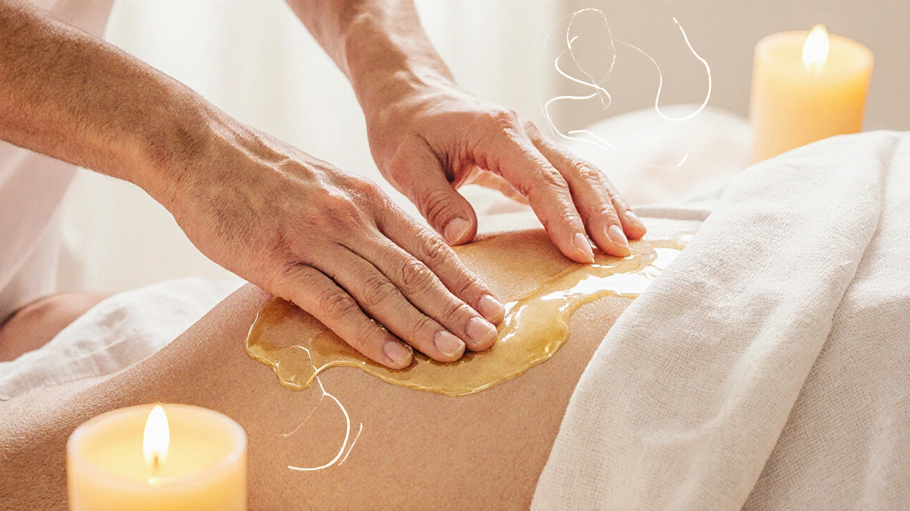 Practitioner&#039;s oiled hands gently massaging a modestly draped inner thigh and perineum area.