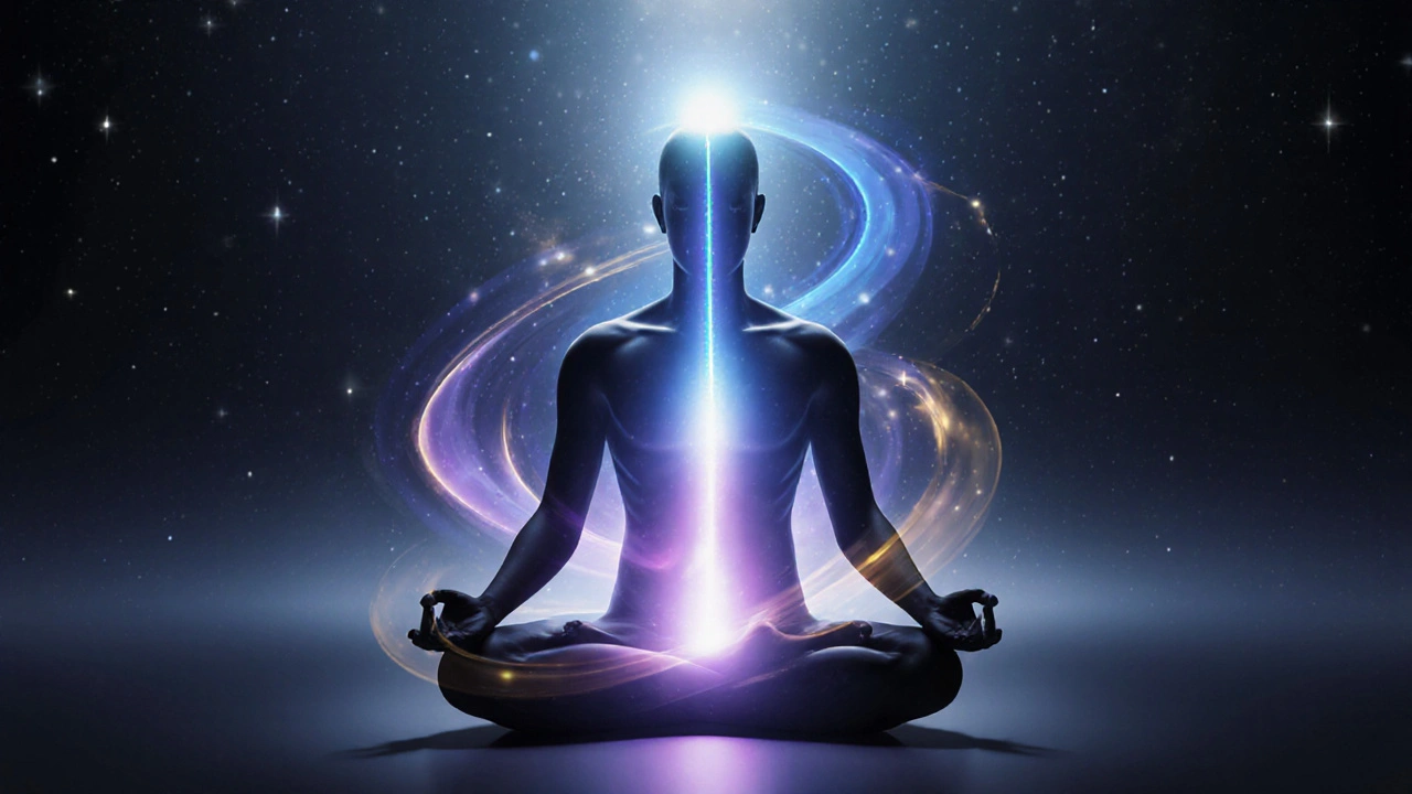 Silhouette with glowing energy line rising from perineum to crown, visualizing Tantra flow.
