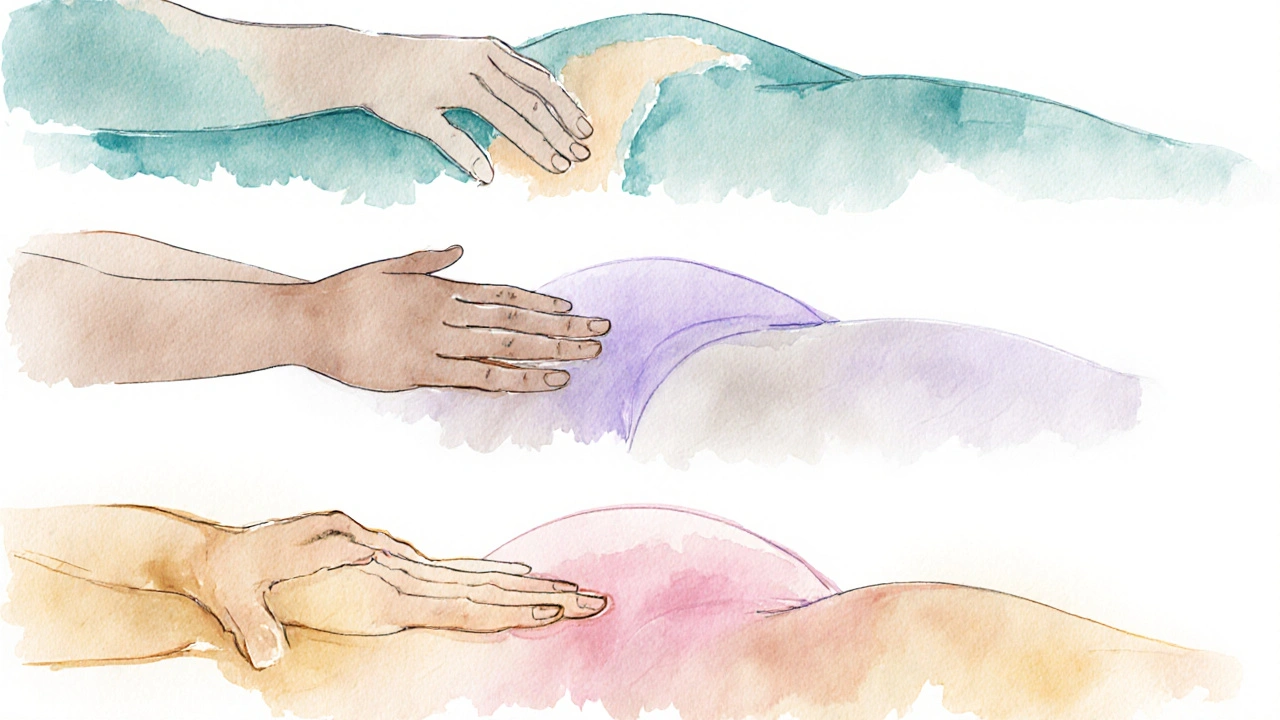 Three-panel illustration showing massage steps from back strokes to calming finish.
