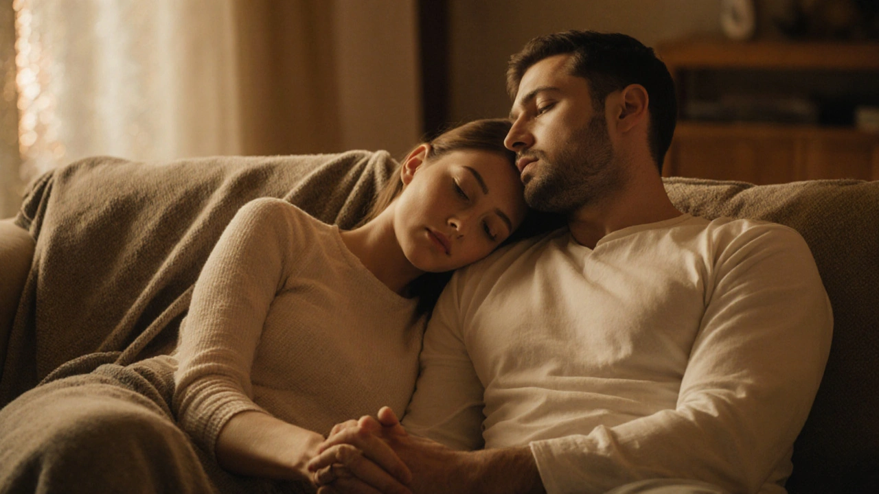 A couple holding hands in silence on a couch after a massage, sharing quiet closeness.