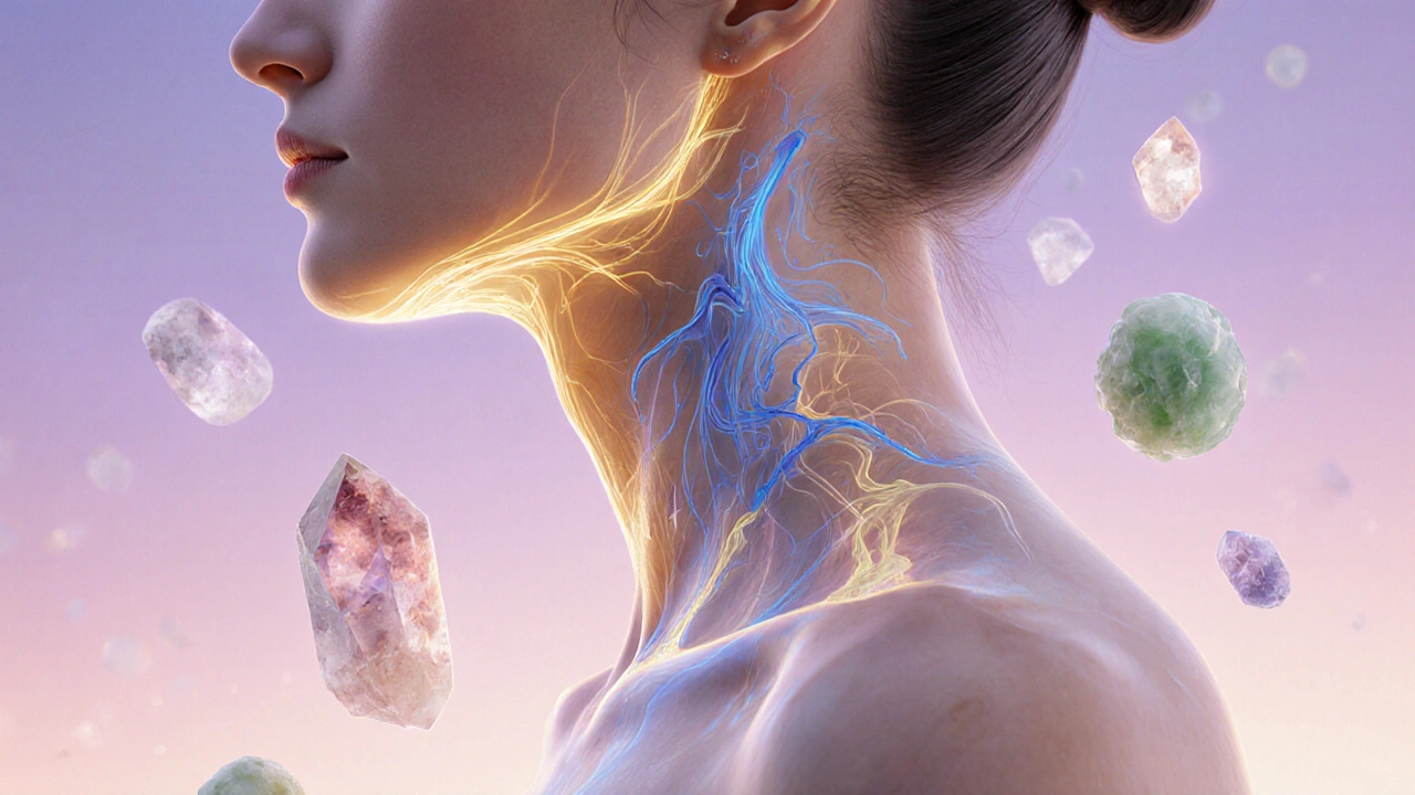 Abstract visualization of lymphatic flow and energy movement during gua sha, with golden and blue trails along the neck.