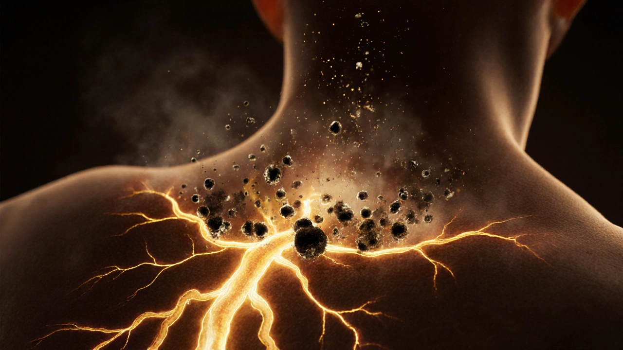 An abstract representation of herbal oils dissolving toxins and restoring energy flow within the body.