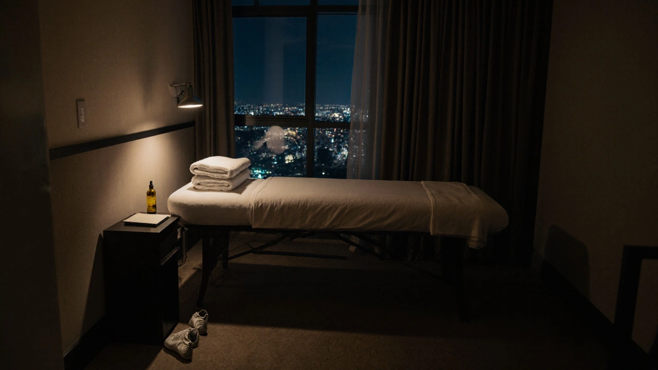 An empty massage table in a hotel room with oil, towel, and notebook, suggesting a quiet, completed session.