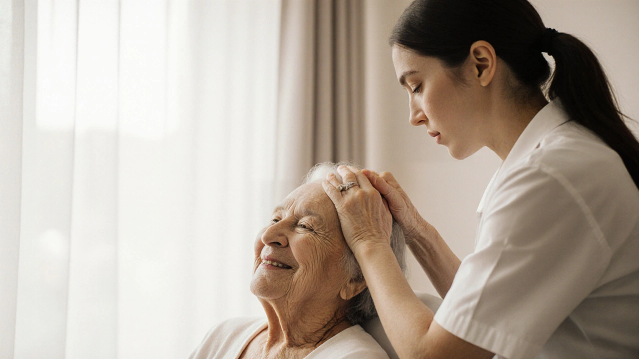 Caregiver giving champissage to an elderly woman who smiles peacefully.
