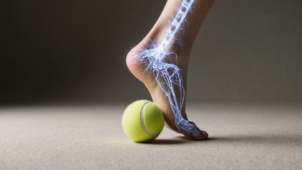 Foot rolling on a tennis ball with connective tissue lines extending upward.