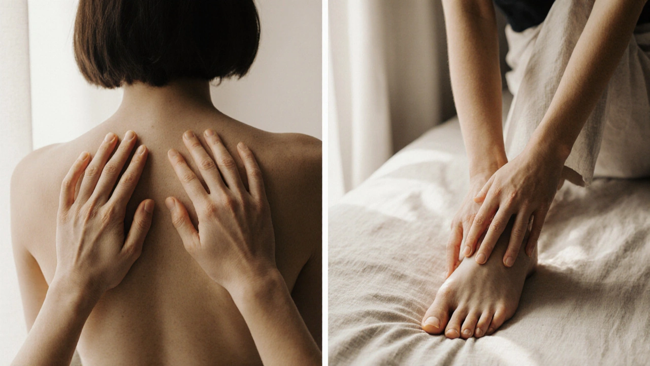 Hands touching a back and foot on a linen sheet, emphasizing gentle, non-sexual connection.