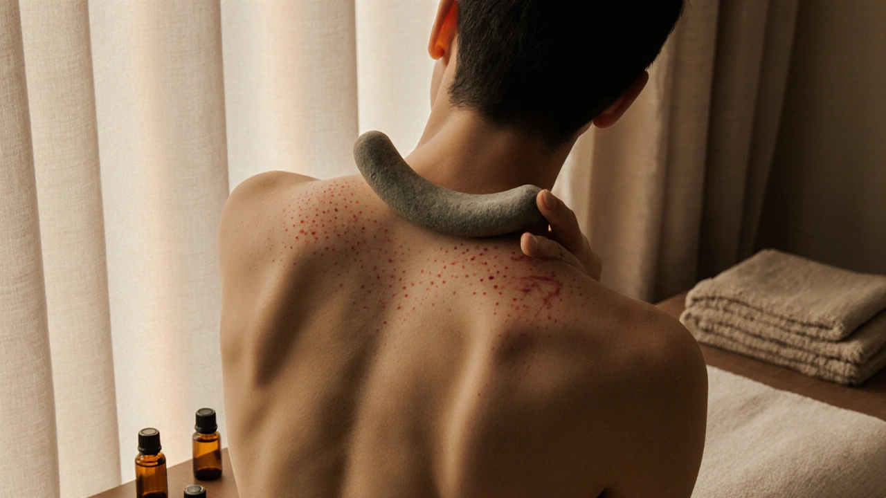 Person receiving gua sha on their upper back with a curved stone tool, soft light highlighting tension release.