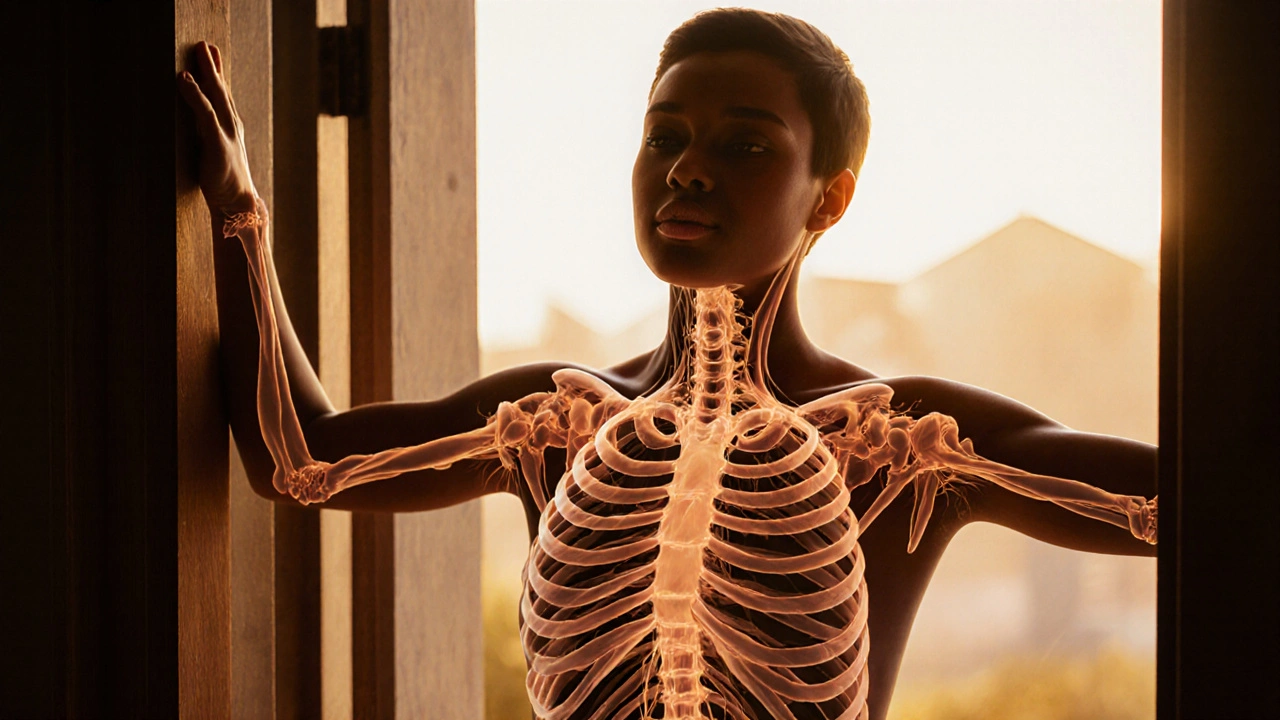 Person stretching chest in a doorway as fascia fibers gently release.