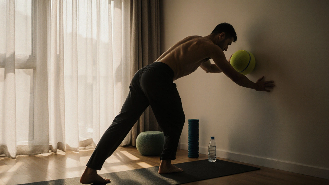 Person using a tennis ball against a wall to relieve upper back tension at home.