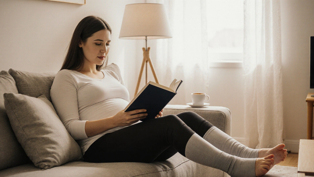 Pregnant woman wearing compression sleeves while relaxing in a living room, calm and comfortable.