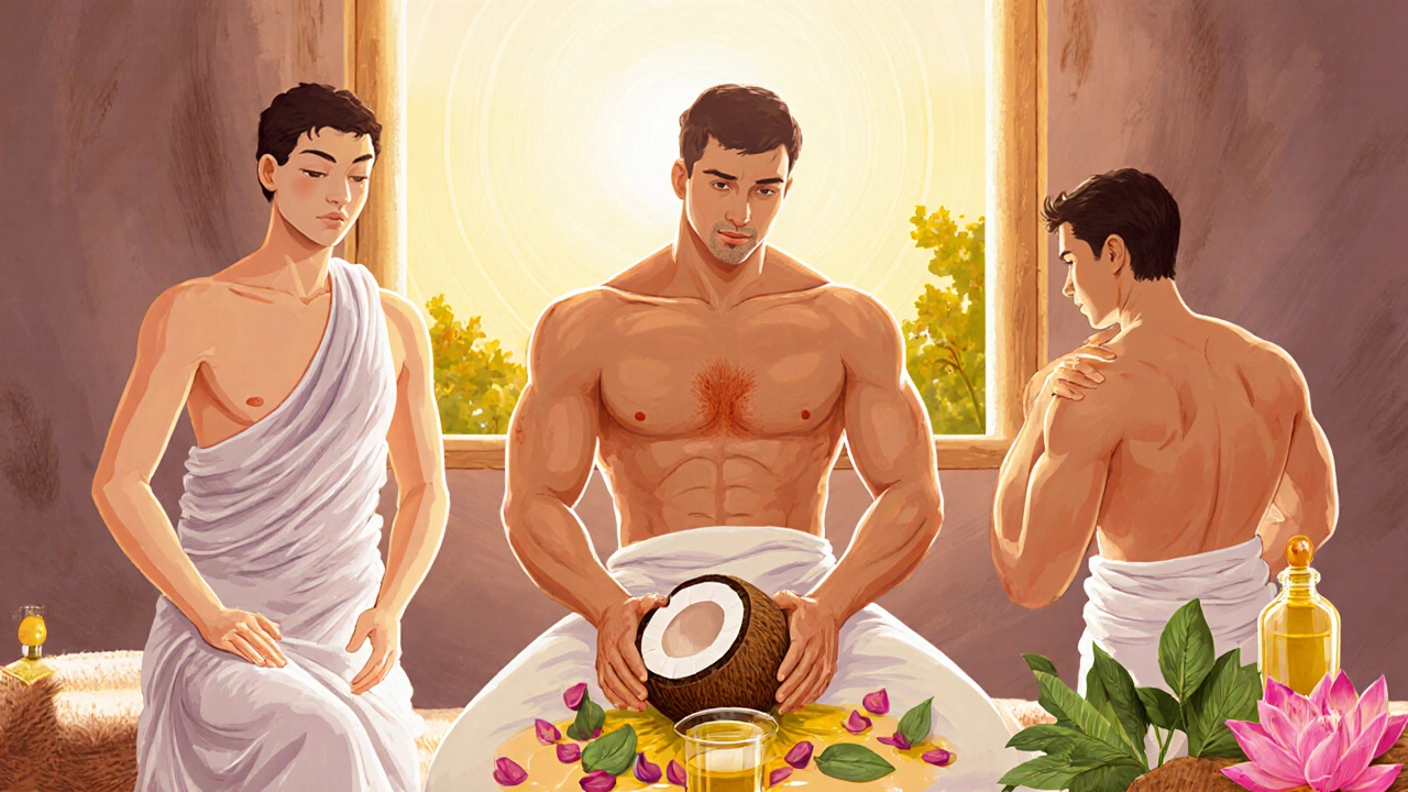 Three different people receiving personalized ayurvedic massages with oils and herbs tailored to their body types.