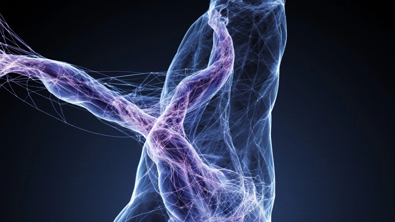 Translucent fascia web glowing with soft light, wrapping around muscles and joints.