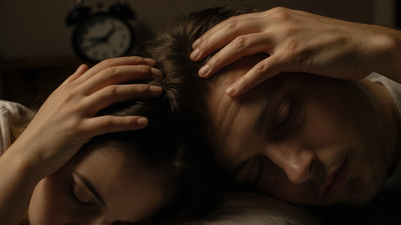 Two hands performing a quiet scalp massage under soft bedtime lighting.