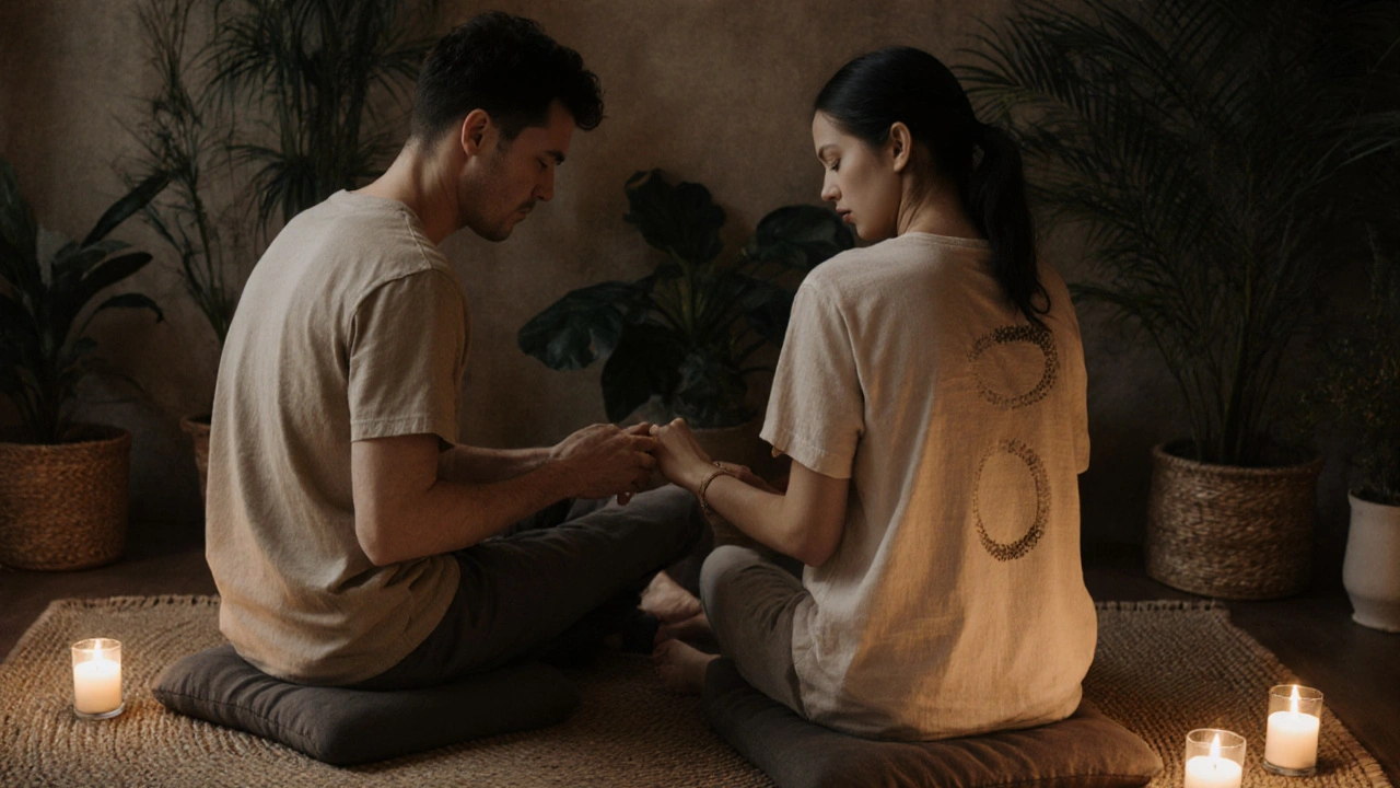 Two people sitting quietly, mirroring each other’s slow movements with gentle hand contact, clothed and grounded.