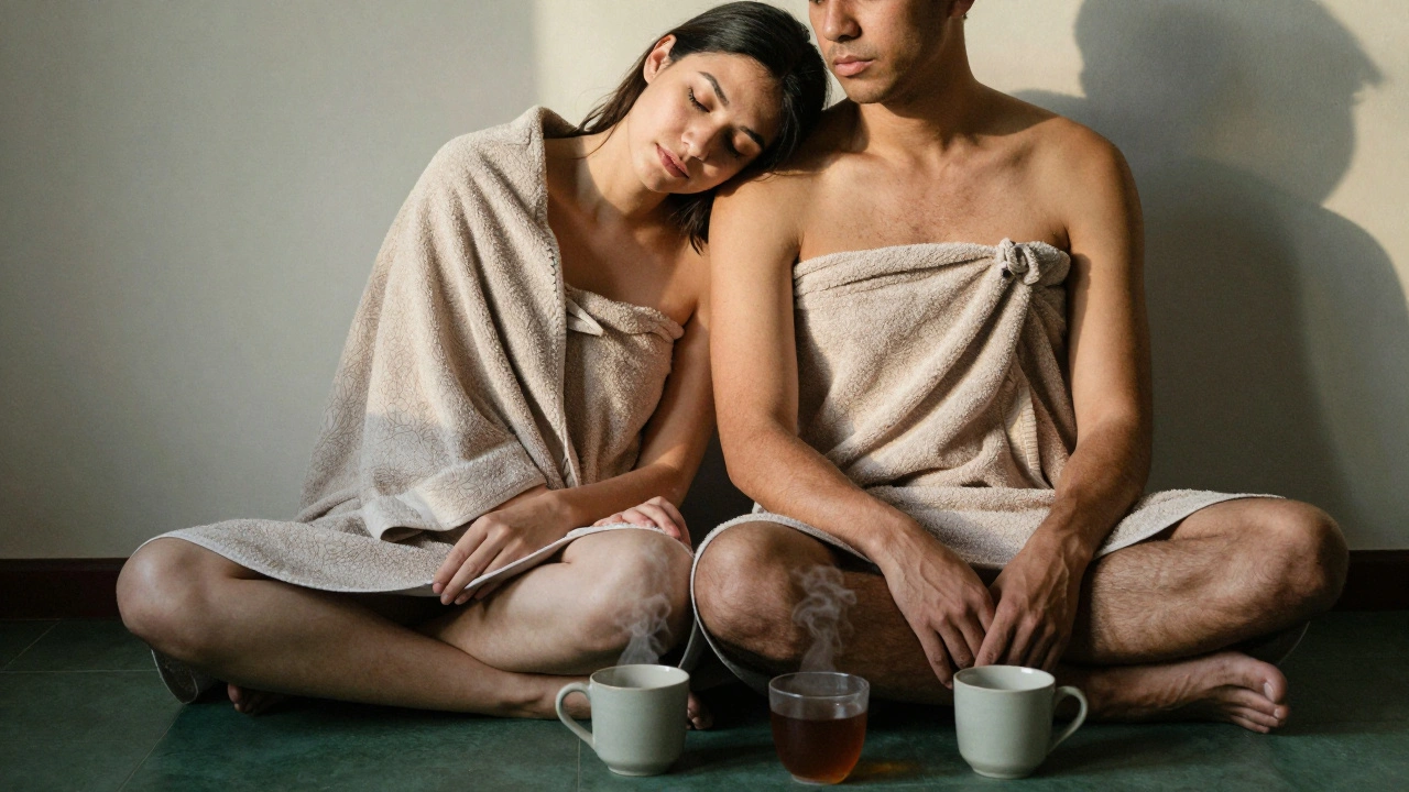 A couple wrapped in a towel after a massage, sharing quiet moments with tea, heads resting together in calm connection.