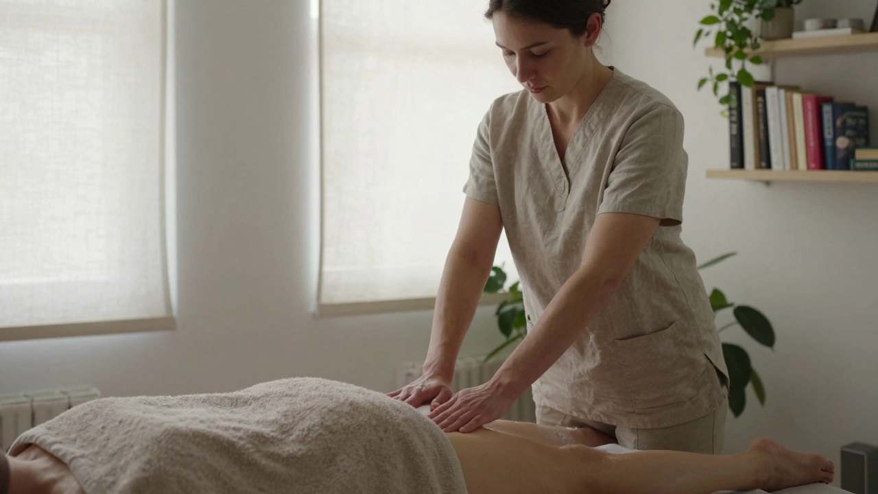 A therapist applying gentle pressure to a client&#039;s abdomen during a pelvic release session.