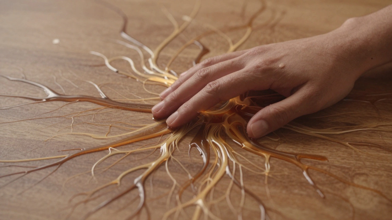 Abstract flow of oil and hands forming organic patterns on wood, symbolizing connection and calm.