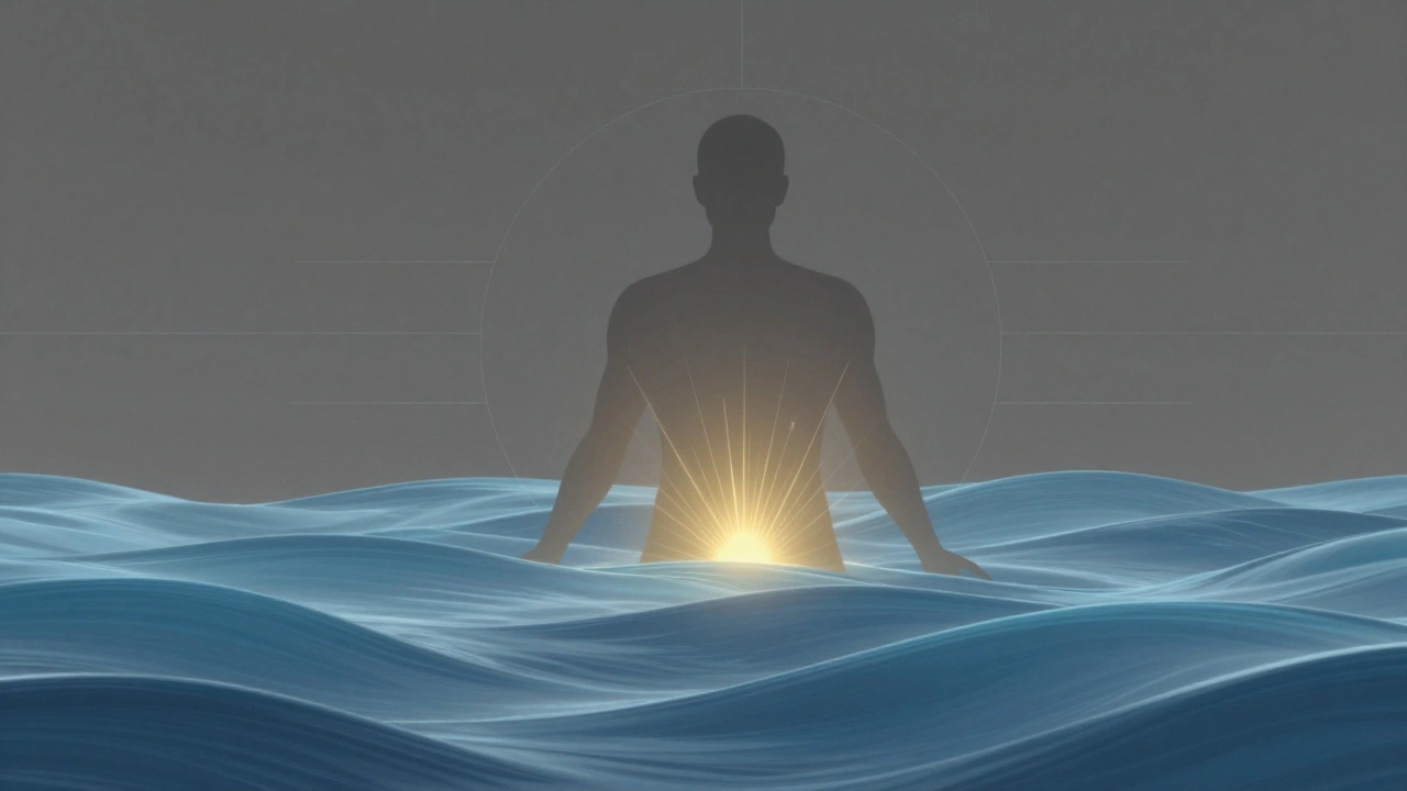 An abstract silhouette with golden light radiating from the pelvis, symbolizing deep bodily release.