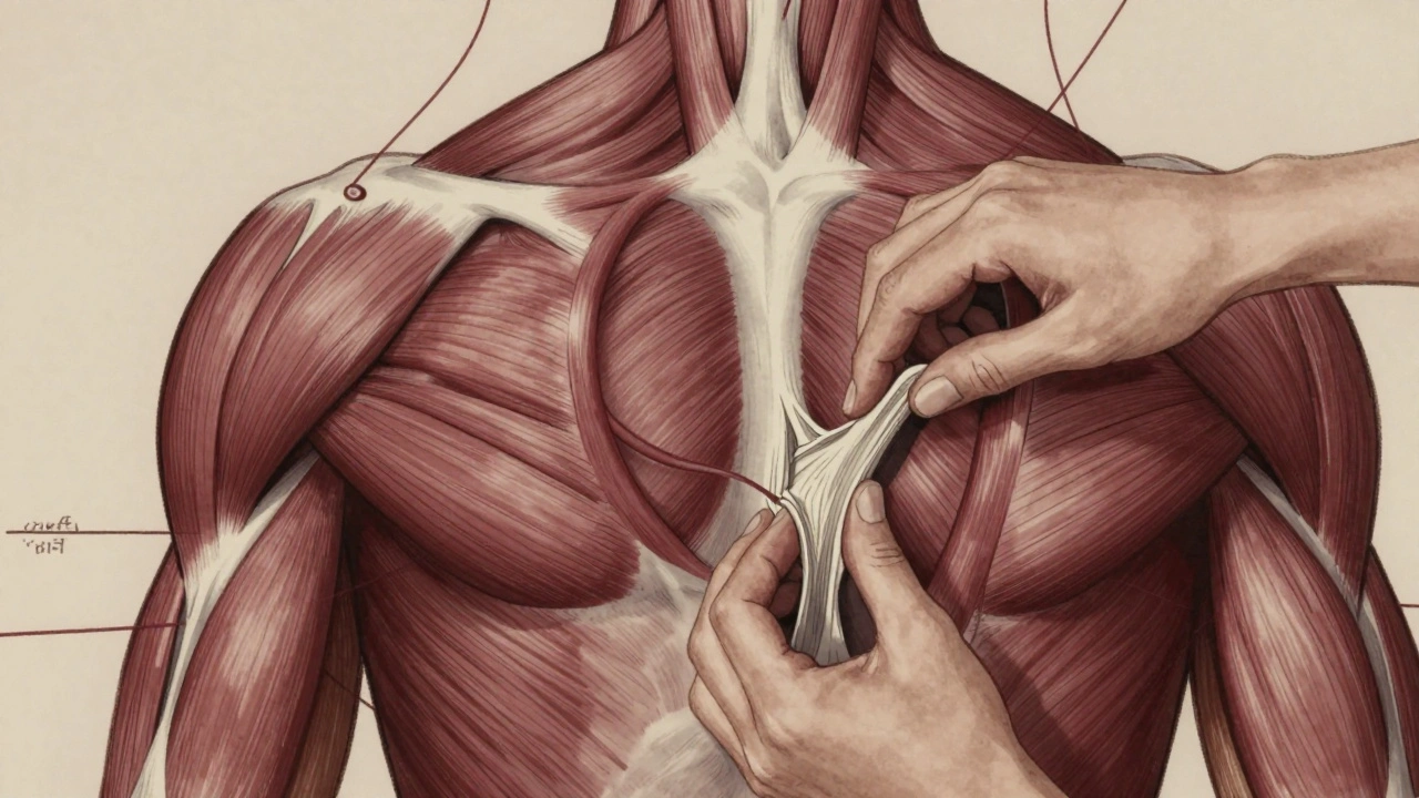 Anatomical illustration showing broken adhesions in muscle tissue with flowing circulation lines.