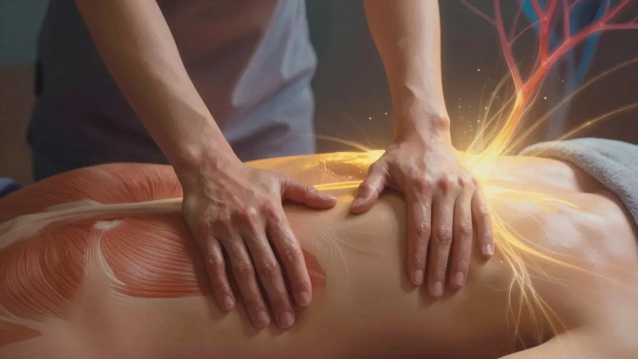 Artistic comparison of rigid hand massage versus flowing body-to-body pressure with calming light effects.