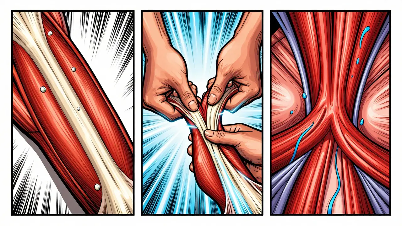 Comic-style breakdown of how sports massage breaks muscle adhesions and boosts circulation.