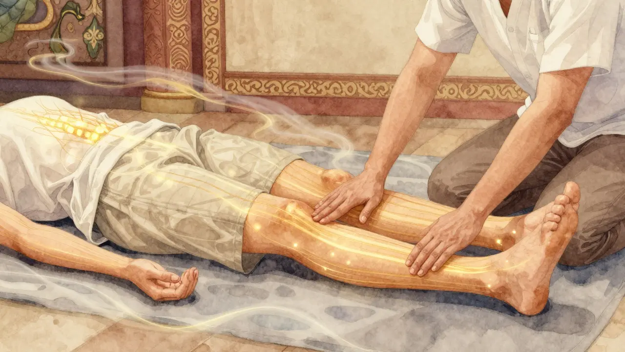 Golden energy lines glow along the body as a therapist applies pressure during Thai massage.
