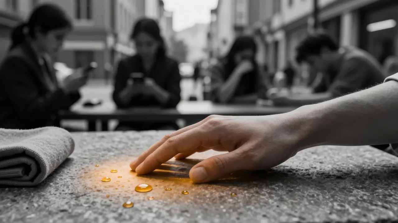 Solitary hand on warm stone with oil droplets, symbolizing silent human connection in a stressed world.