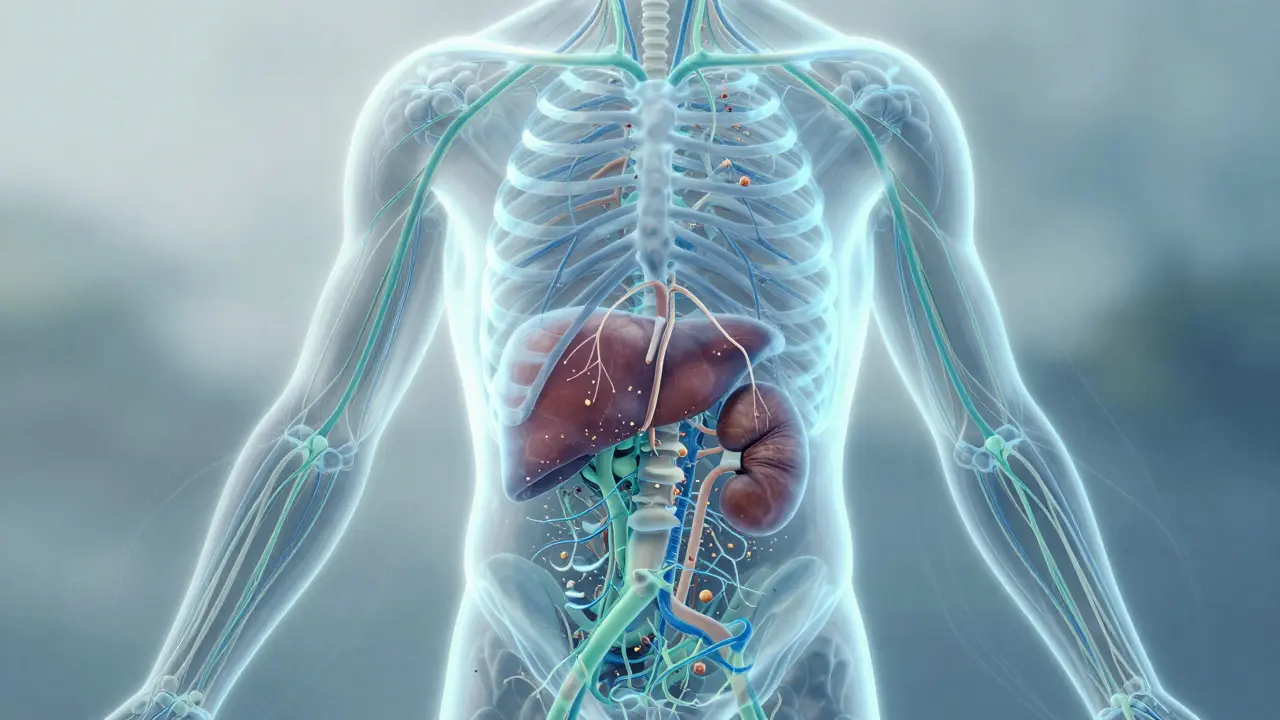 Translucent human torso with glowing lymphatic pathways and fluid movement symbolizing detoxification.