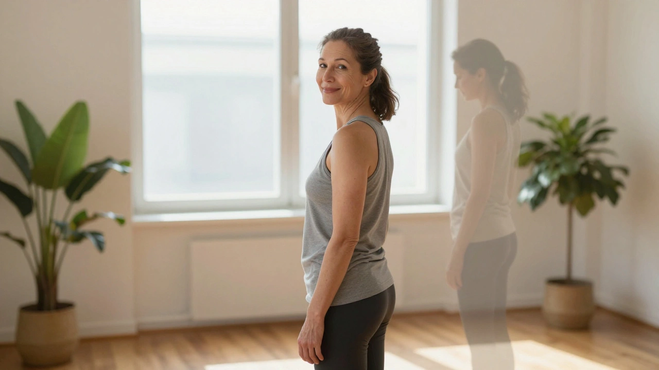 Woman standing tall with relaxed posture, contrasting her former hunched stance.