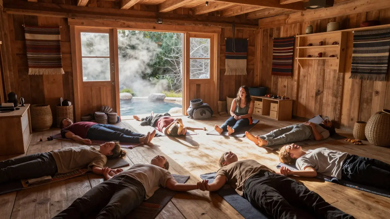 A group lies on mats in a wooden workshop room, sharing silent, emotional moments.