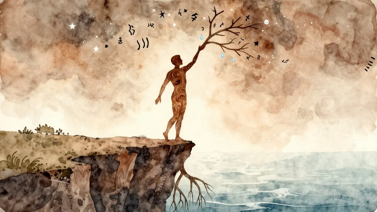 A human silhouette blends with nature, symbolizing the unfolding of inner potential.