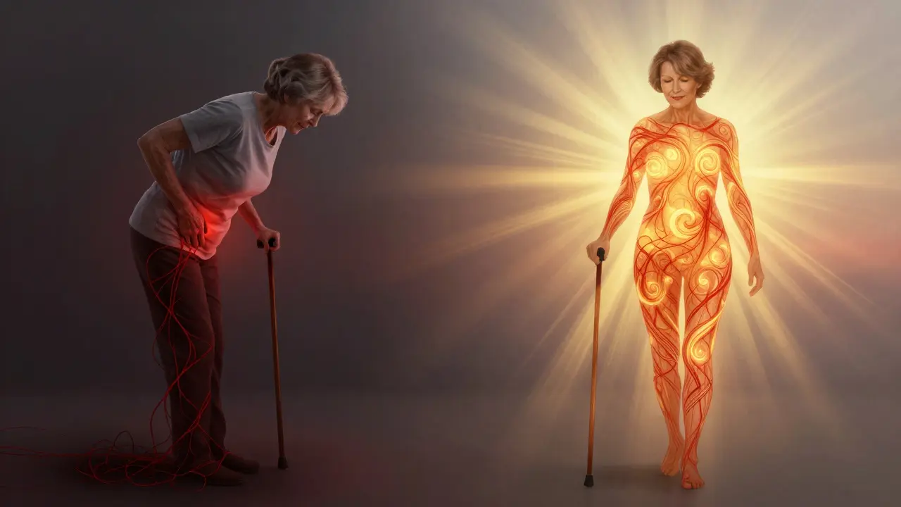 A woman transforming from hunched and in pain to standing tall and free, with light dissolving pain patterns around her body.