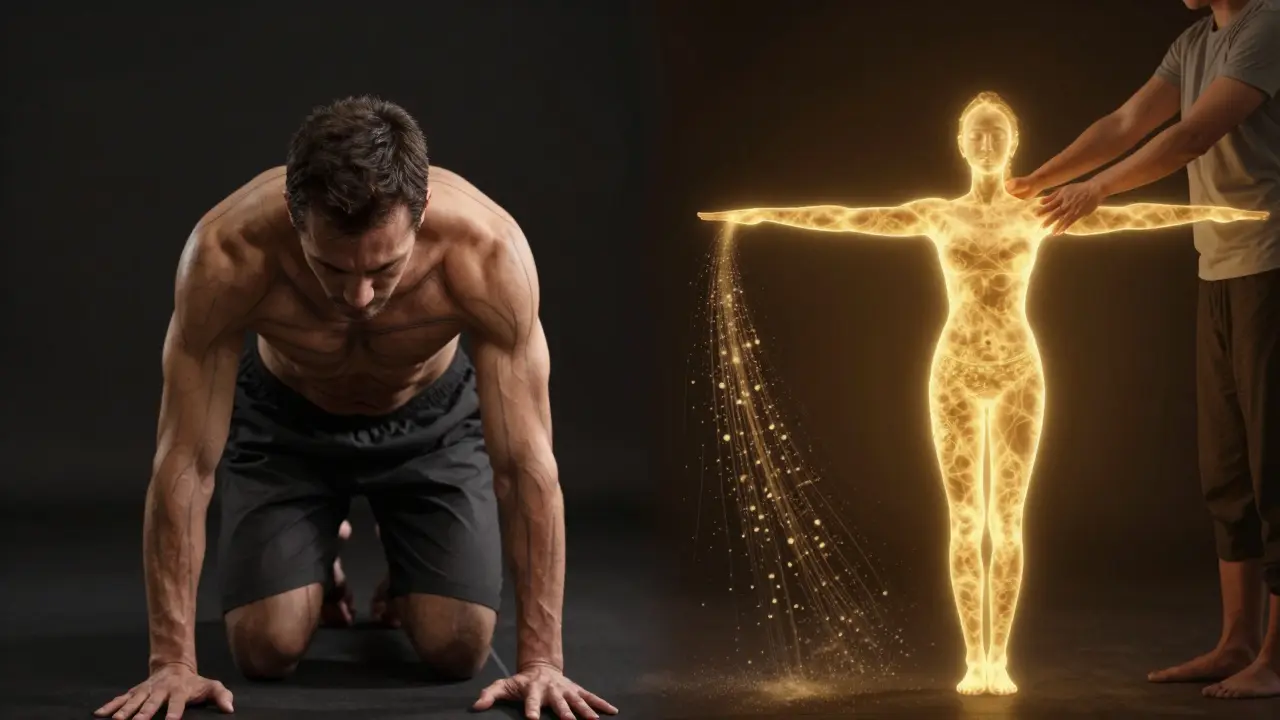 Before-and-after visual of an athlete transforming from tense to fluid after Thai massage.