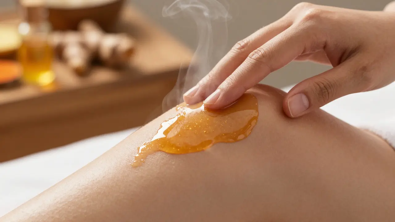 Close-up of golden herbal oil being massaged into a knee, with steam rising and natural light highlighting skin texture.