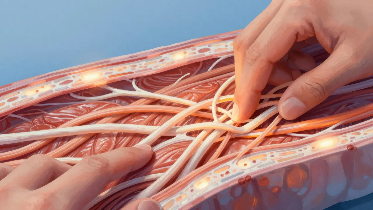 Cross-section of muscle fibers being broken apart by perpendicular pressure.