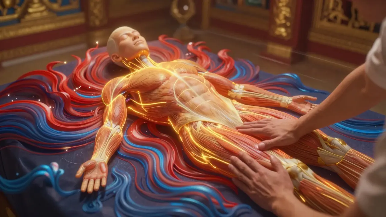 Human body with glowing energy lines showing blood flow and muscle release during Thai massage.