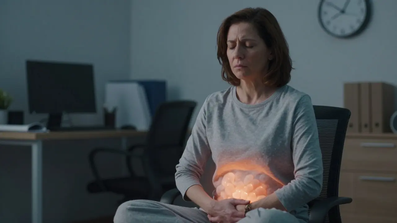 Woman at peace after Amma massage, internal calm visible as soft glow.