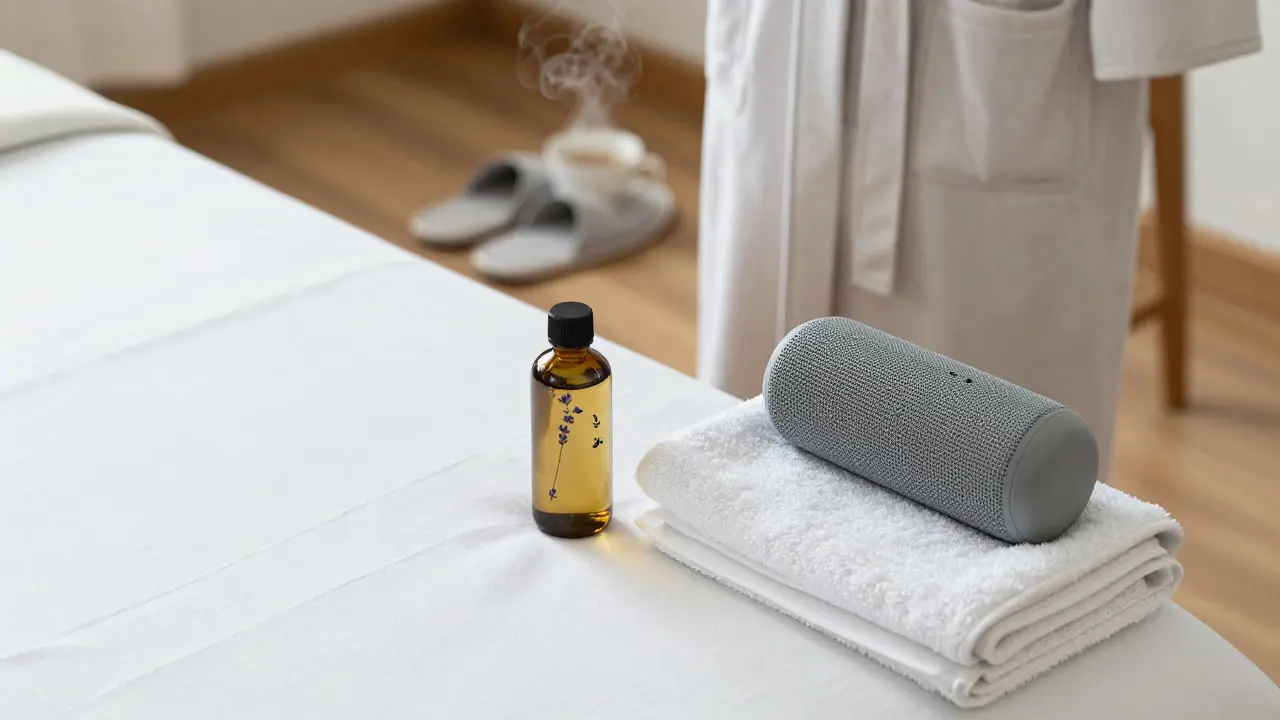 A meticulously arranged massage setup with organic oils, clean linens, and a steaming teacup on a wooden floor.