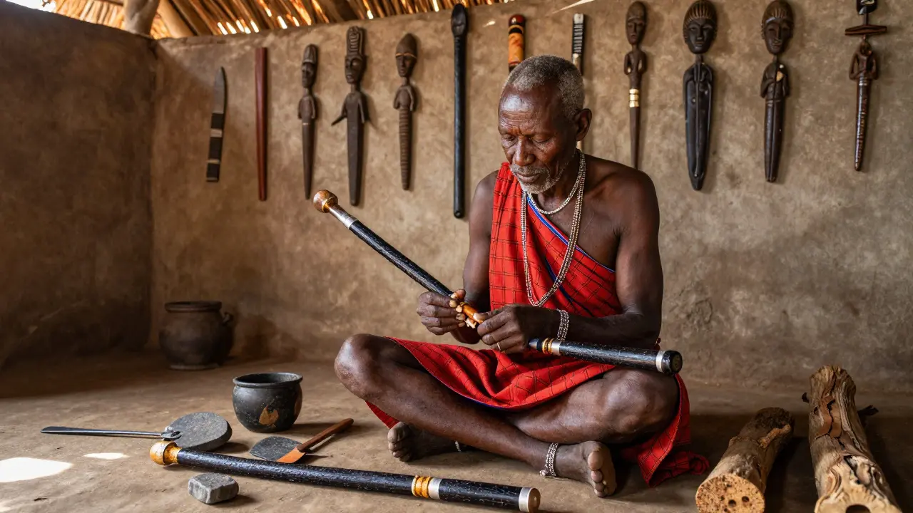 An elder repairs a cracked rungu with traditional tools in a village homestead.