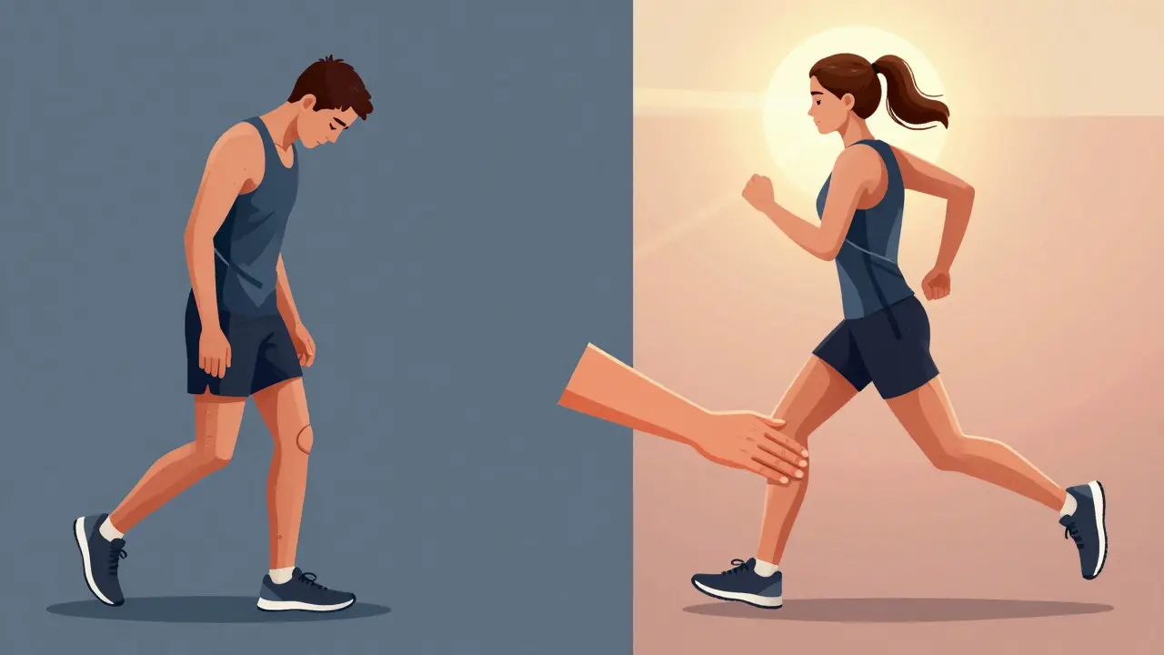 Before-and-after comparison of an athlete's posture and movement, with massage in transition.