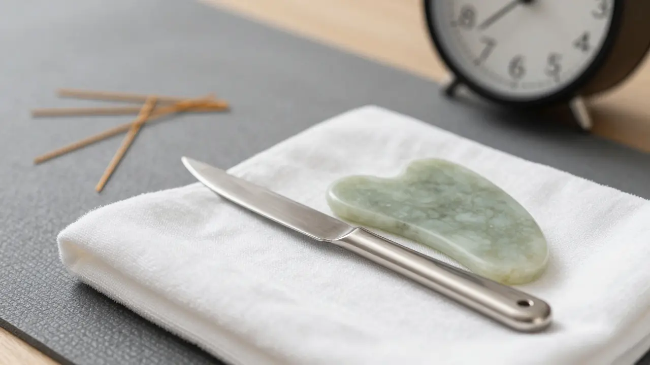 Blunt metal blade beside jade gua sha tool on a clean cloth, symbolizing ancient therapy.