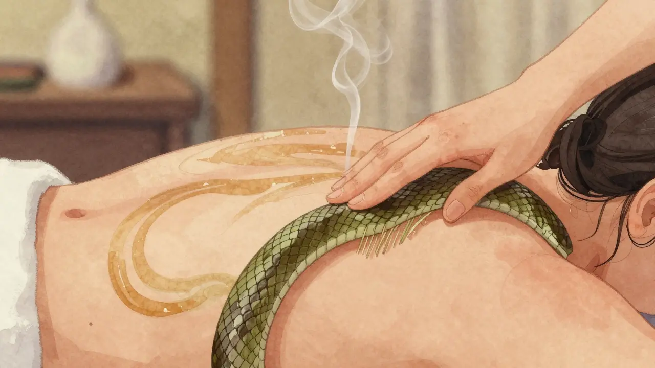 Close-up of snake scales brushing skin in warm tones, evoking deep relaxation and tactile calm.