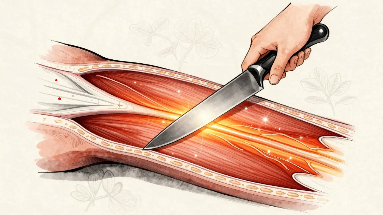 Cross-section of muscle and fascia with energy waves from a metal blade stimulating tissue.